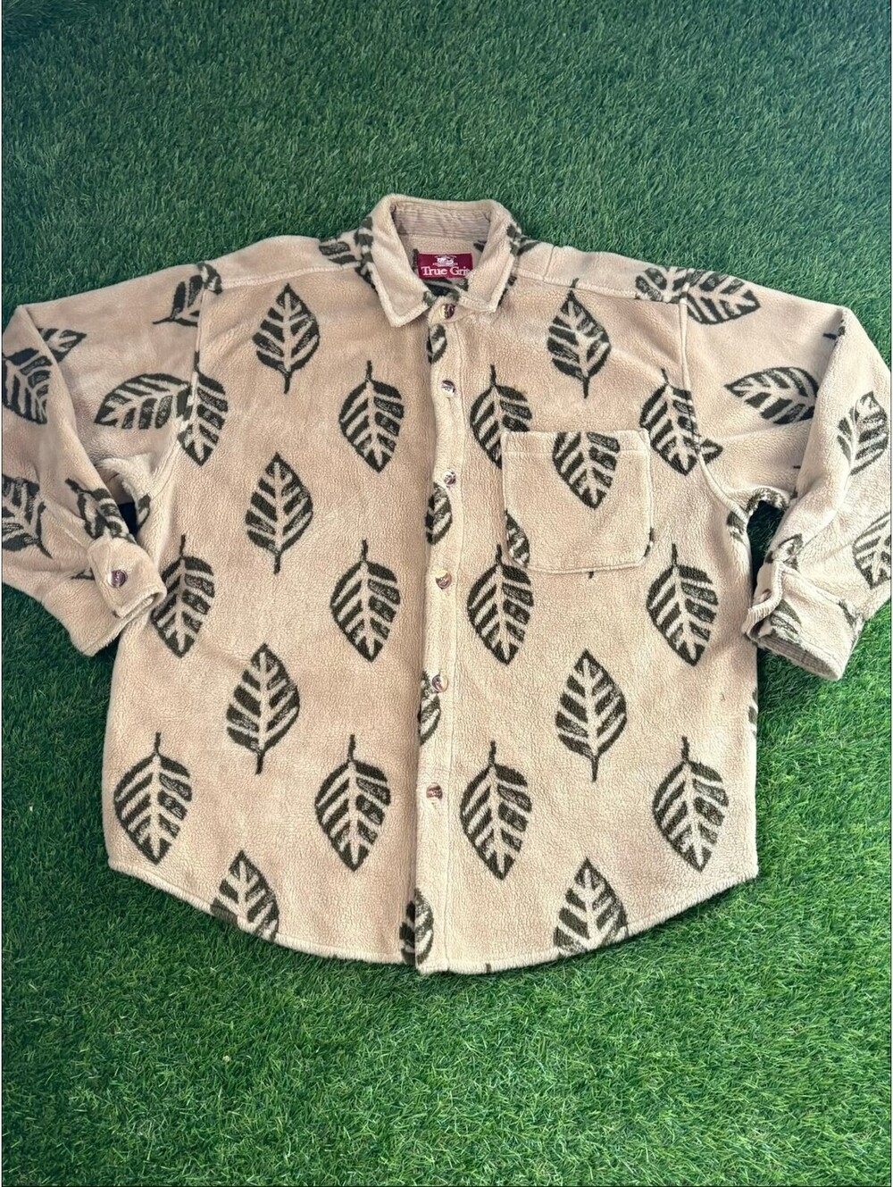 True Grit 90s Beige Fleece Shirt Jacket Leaf Pattern, Unisex Adults Regular M